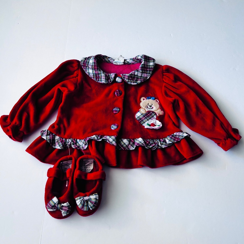 Vintage Christmas Baby Outfit 6-9M Red Velvet Plaid Teddy Bear‎ NOS Set